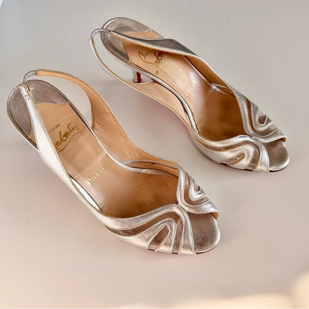 CHRISTIAN LOUBOUTIN 3” Silver Leather Slingback Sandals High Heels Women’s Shoes